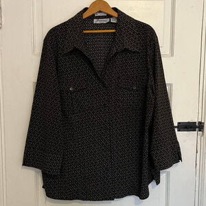 VINTAGE Joanna Petite Black brown print casual top PXL